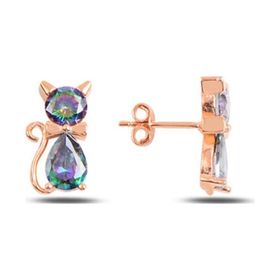 Pigado 925 Ayar Gümüş Mistik Topaz Zirkon Taşlı Kedi Küpe