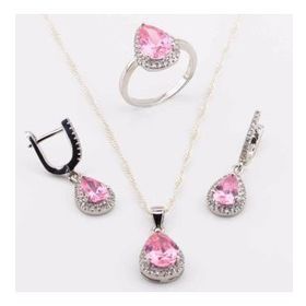Pigado 925 Ayar Gümüş Pembe Zirkon Taşlı Damla Model Bayan Set