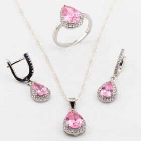 Pigado 925 Ayar Gümüş Pembe Zirkon Taşlı Damla Model Bayan Set