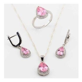 Pigado 925 Ayar Gümüş Pembe Zirkon Taşlı Damla Model Bayan Set