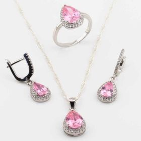 Pigado 925 Ayar Gümüş Pembe Zirkon Taşlı Damla Model Bayan Set