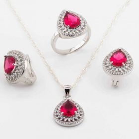 Pigado 925 Ayar Gümüş Pembe Zirkon Taşlı Damla Model Set