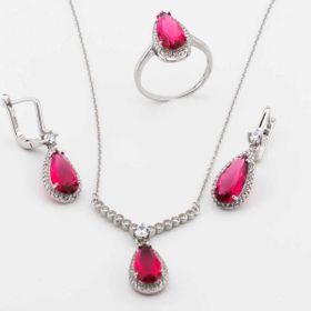 Pigado 925 Ayar Gümüş Pembe Zirkon Taşlı Damla Set
