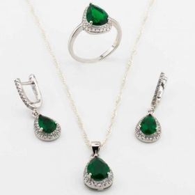 Pigado 925 Ayar Gümüş Yeşil Zirkon Taşlı Damla Model Set