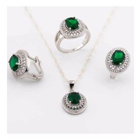 Pigado 925 Ayar Gümüş Yeşil Zirkon Taşlı Oval Model Bayan Set