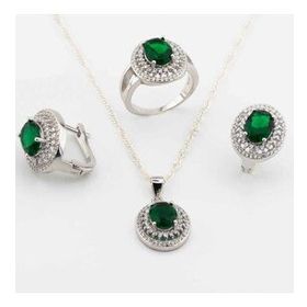Pigado 925 Ayar Gümüş Yeşil Zirkon Taşlı Oval Model Bayan Set