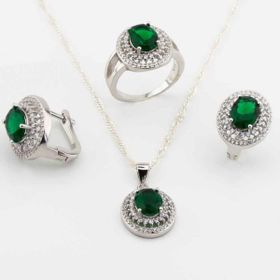 Pigado 925 Ayar Gümüş Yeşil Zirkon Taşlı Oval Model Bayan Set