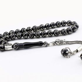 Pigado 925 Ayar Gümüş Yoğun Gümüş İşlemeli Erzurum Oltu Taşı Tesbih