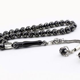 Pigado 925 Ayar Gümüş Yoğun Gümüş İşlemeli Erzurum Oltu Taşı Tesbih