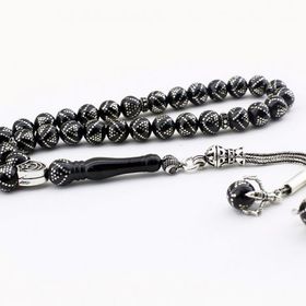 Pigado 925 Ayar Gümüş Yoğun Gümüş İşlemeli Erzurum Oltu Taşı Tesbih