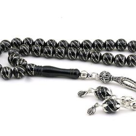 Pigado 925 Ayar Gümüş Yoğun Nokta İşlemeli Erzurum Oltu Taşı Tesbih