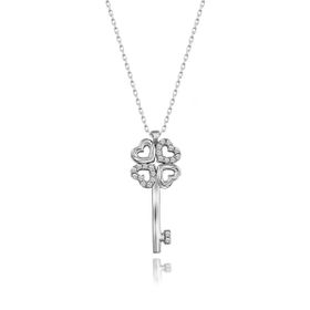 Pigado Sertifikalı Qr Kod Gümüş Swarovski Taşlı Yonca Kalp Anahtar Kolye