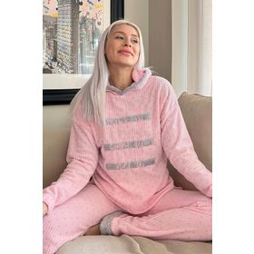 Pijamaevi 2403 Toz Pembe Three Line Desenli Kapşonlu Peluş Polar Pijama Takımı