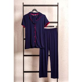 Pijamoni Boydan Düğmeli Lacivert Kadın Pijama Takımı