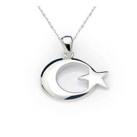 pilelistore 925 Ayar Gümüş Ay Yıldız Bayrak Gümüş Kolye