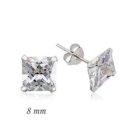 Pilelistore 925 Ayar Gümüş Kare Tek Taş Zirkon 8 mm Küpe