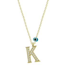 pilelistore 925 Ayar Gümüş Nazar Gold K Harfi Kadın Gümüş Kolye