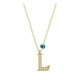 pilelistore 925 Ayar Gümüş Nazar Gold L Harfi Kadın Gümüş Kolye