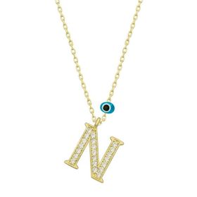 pilelistore 925 Ayar Gümüş Nazar Gold N Harfi Kadın Gümüş Kolye