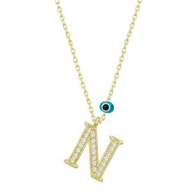 pilelistore 925 Ayar Gümüş Nazar Gold N Harfi Kadın Gümüş Kolye
