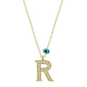 pilelistore 925 Ayar Gümüş Nazar Gold R Harfi Kadın Gümüş Kolye