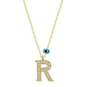 pilelistore 925 Ayar Gümüş Nazar Gold R Harfi Kadın Gümüş Kolye