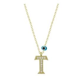 pilelistore 925 Ayar Gümüş Nazar Gold T Harfi Kadın Gümüş Kolye