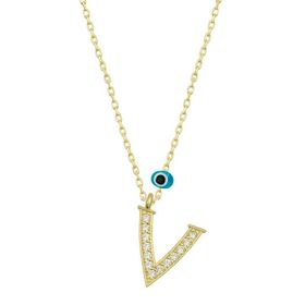 pilelistore 925 Ayar Gümüş Nazar Gold V Harfi Kadın Gümüş Kolye