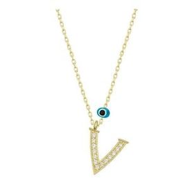 pilelistore 925 Ayar Gümüş Nazar Gold V Harfi Kadın Gümüş Kolye