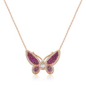 pilelistore 925 Ayar Gümüş Pembe Kelebek Kadın Gümüş Kolye