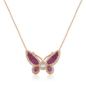 pilelistore 925 Ayar Gümüş Pembe Kelebek Kadın Gümüş Kolye