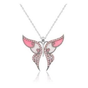 pilelistore 925 Ayar Gümüş Pembe Kelebek Kadın Gümüş Kolye