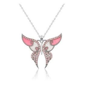 pilelistore 925 Ayar Gümüş Pembe Kelebek Kadın Gümüş Kolye