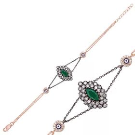 Pilelistore 925 Ayar Gümüş Rose Mat Yeşil Taşlı Otantik Bileklik