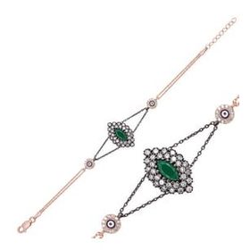 Pilelistore 925 Ayar Gümüş Rose Mat Yeşil Taşlı Otantik Bileklik