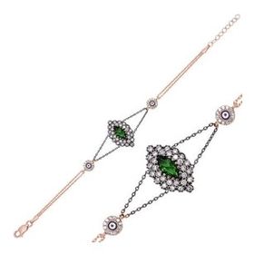 Pilelistore 925 Ayar Gümüş Rose Yeşil Taşlı Otantik Bileklik