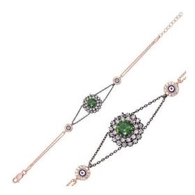 Pilelistore 925 Ayar Gümüş Rose Yeşil Taşlı Otantik Bileklik