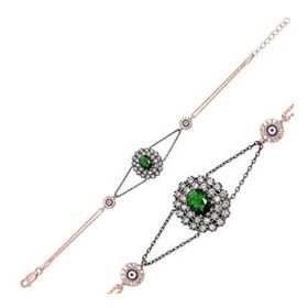 Pilelistore 925 Ayar Gümüş Rose Yeşil Taşlı Otantik Bileklik