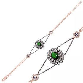 Pilelistore 925 Ayar Gümüş Rose Yeşil Taşlı Otantik Bileklik