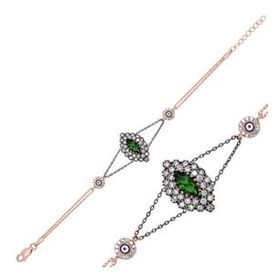 Pilelistore 925 Ayar Gümüş Rose Yeşil Taşlı Otantik Bileklik