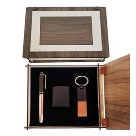 Pilelistore Özel Ahşap Kutulu Bakır Roller Kalem Anahtarlık ve Çakmak Set