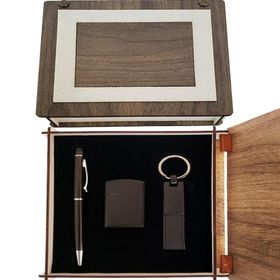 Pilelistore Özel Ahşap Kutulu Mat Siyah Kalem Anahtarlık ve Çakmak Set
