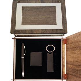 Pilelistore Özel Ahşap Kutulu Mat Siyah Kalem Anahtarlık ve Çakmak Set
