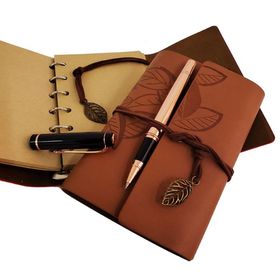 Pilelistore Özel Ahşap Kutulu Taba Deri Defter ve Bakır Roller Kalem Set