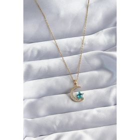 pilelistore TJ-BKO802 316L Çelik Gold Renk Zincir Zirkon Taş Detay Hilal Yıldızı Figür Kadın Kolye