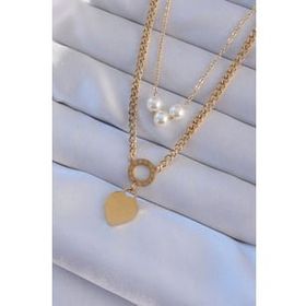 pilelistore TJ-BKO8939 316L Çelik Gold Renk Çift Zincir İnci Detayı Love Kalp Kolye