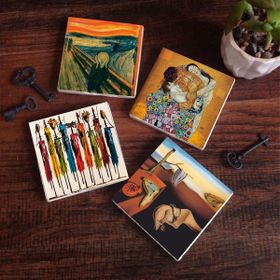 Pinecone 10x10 cm Stone Coasters Dalí Belleğin Azmi Çığlık Yerli Kadınlar Gustav Klimt Aile Kucaklama Taş Masaüstü Koruyucu Altlık 4 Parça Set