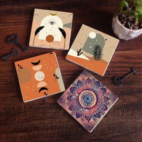 Pinecone 4 Parça Set 10X10 cm Stone Coasters Bohem Mandala Taş Bardak Masaüstü Koruyucu Altlık