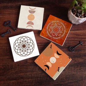 Pinecone 4 Parça Set 10x10 cm Stone Coasters Bohem Minimalist Soyut Yaşam Çiçeği Mandala Taş Bardak Altlığı Masaüstü Koruyucu Altlık