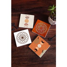 Pinecone 4 Parça Set 10x10 cm Stone Coasters Bohem Minimalist Soyut Yaşam Çiçeği Mandala Taş Bardak Altlığı Masaüstü Koruyucu Altlık